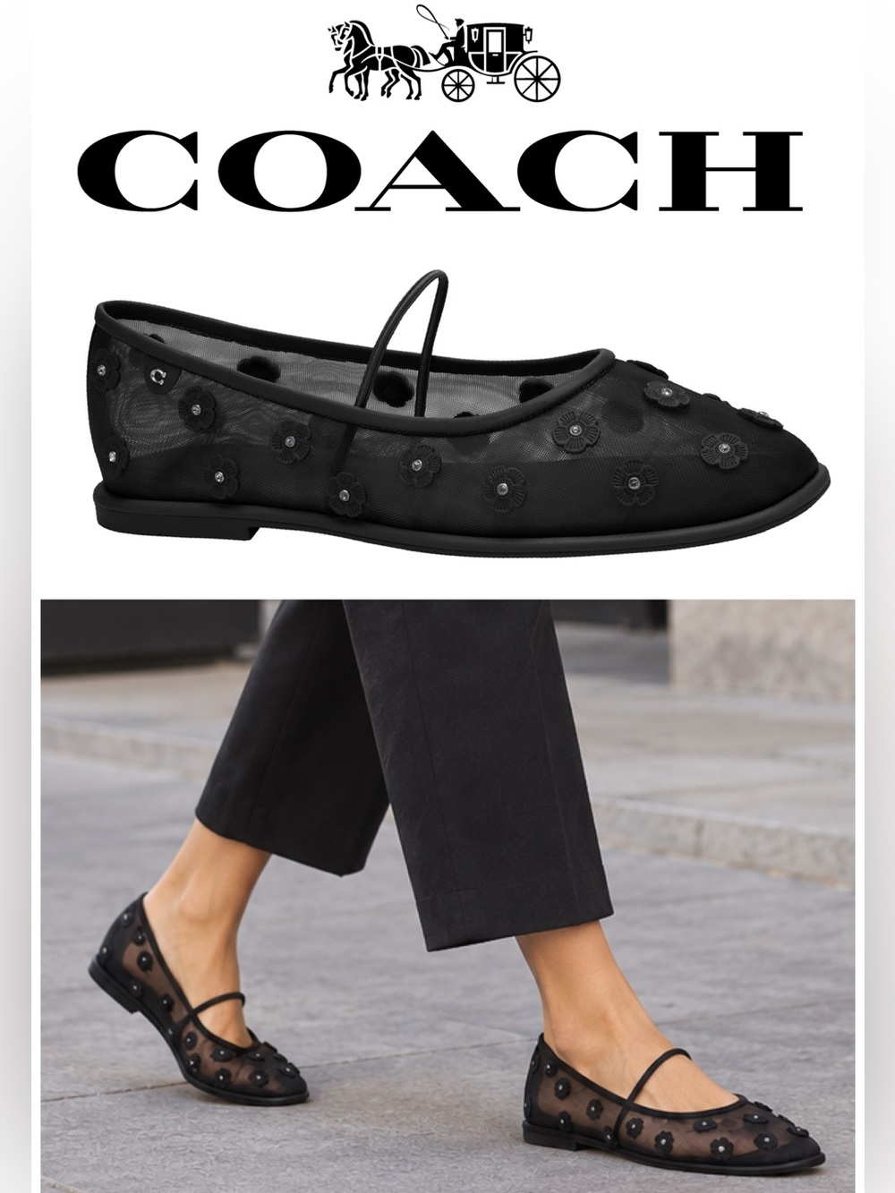 NWOT COACH Emilia Tea Rose Mesh Mary Jane Flat in Black